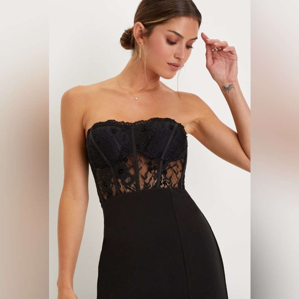 Lulus Sultry Persona Black Lace Strapless Bustier Mermaid Maxi Dress Sz LG
